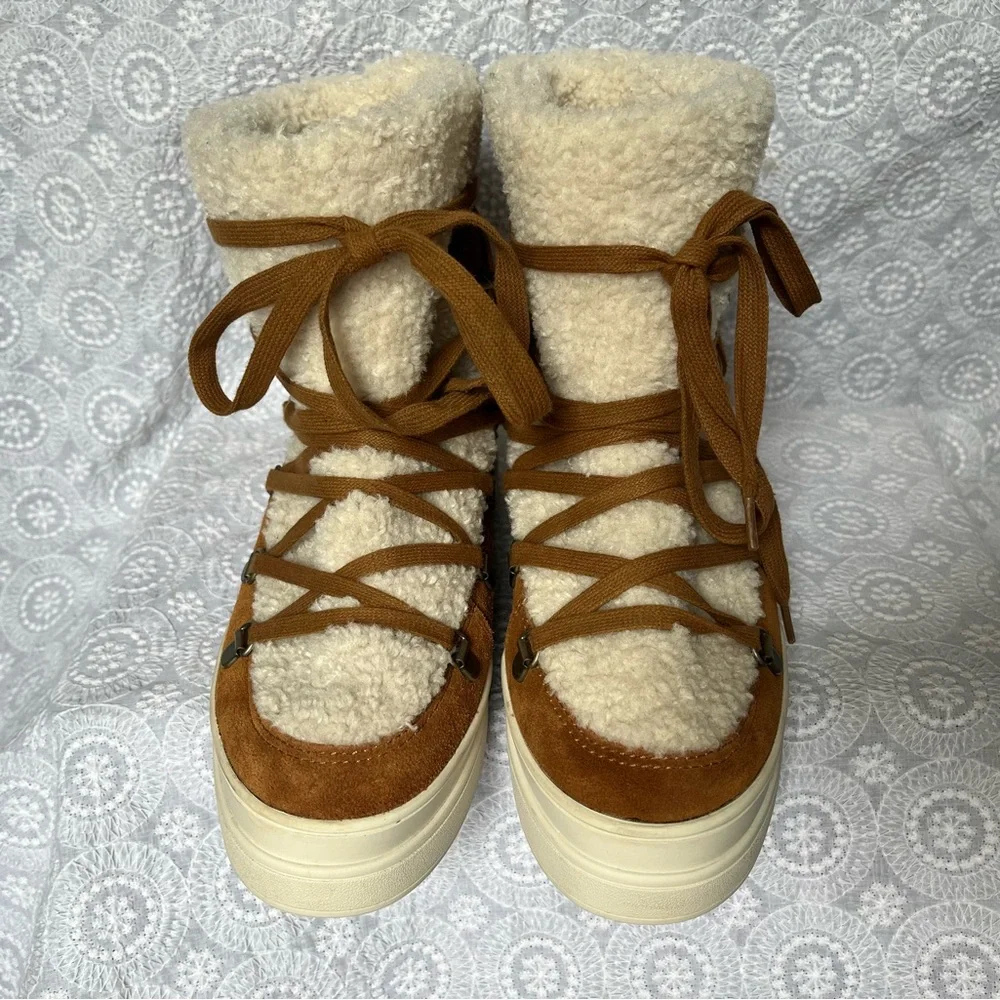 J/Slides Newbie Tan Suede Leather Faux Fur Platform Boot; Women’s 7.5; snowbunny